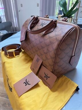 MCM Brown Monogram Canvas Duffel with Tan Leather Trim